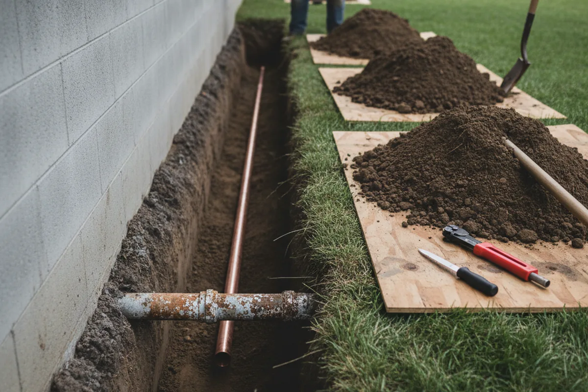 Excavated water line trench during Sewer Line Repair in Scammon